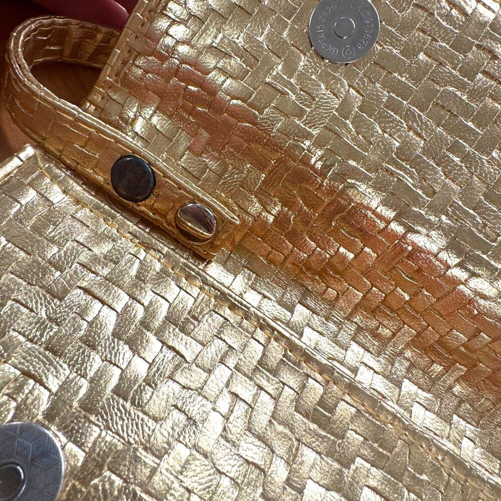 Gold Woven PU Vegan Leather Metallic Lined Convertible Clutch Removable Strap - Picture 5 of 10